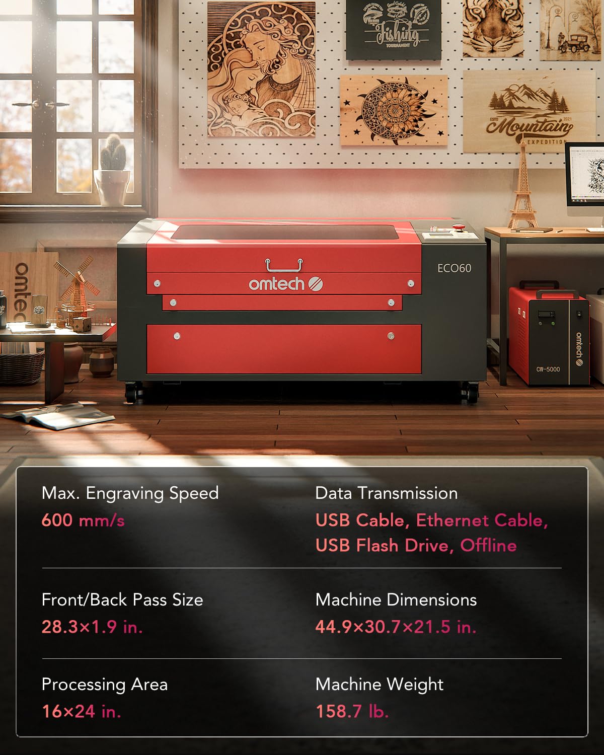 OMTech 60W CO2 Laser Engraver, 24x16 Inch Laser Engraving Cutting Machine, LightBurn Compatible Laser Engraver Cutter with 2 Way Pass Air Assist Water Pump for Wood Glass Leather More OMTech