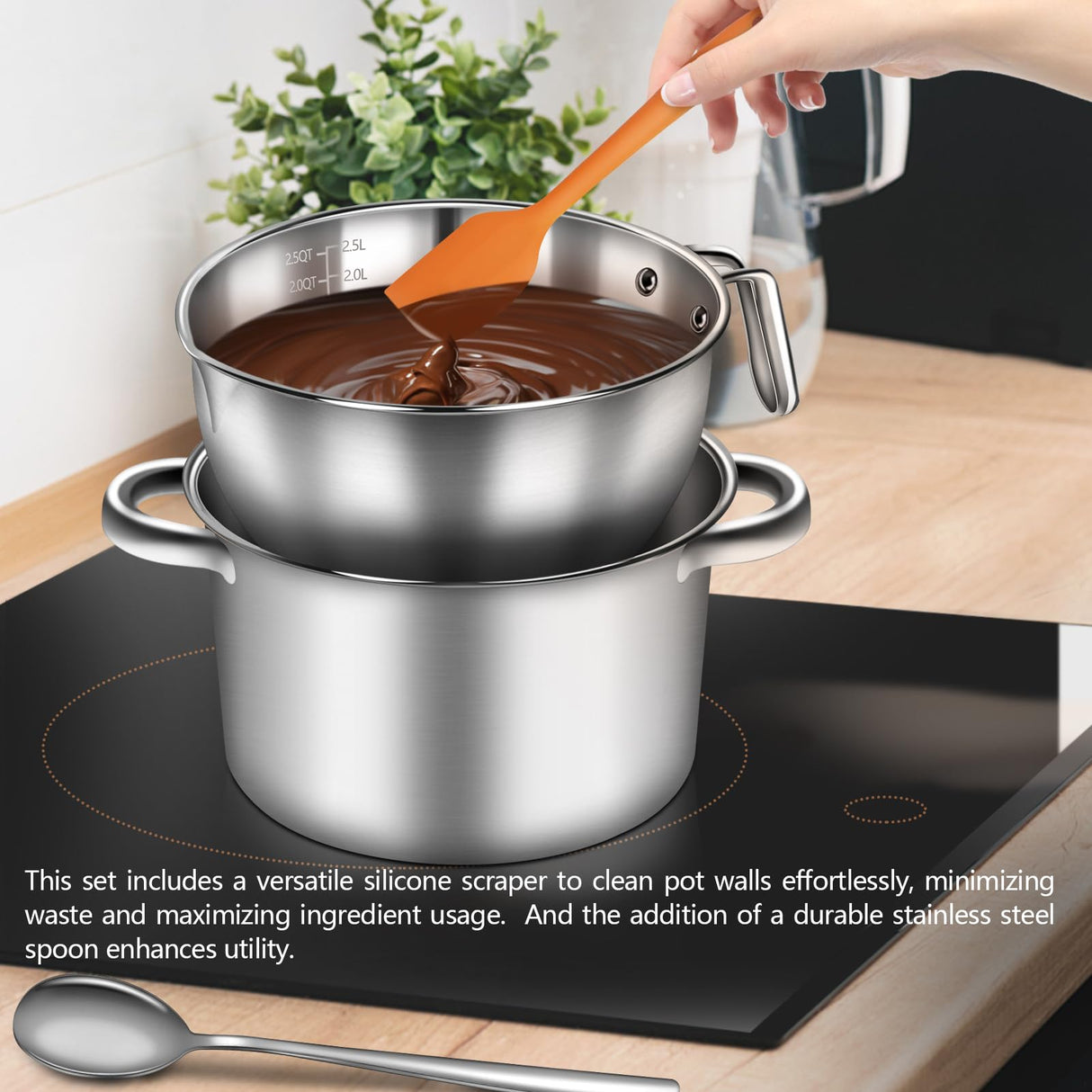 Artcome 304 Stainless Steel Double Boiler Set - 2.6QT Melting Bowl with Scale and Handle - 4.2QT Dual-Handle Pot - Stackable Water Bath Melting Pot Set for Butter, Chocolate, Wax, Sugar, Candle Artcome