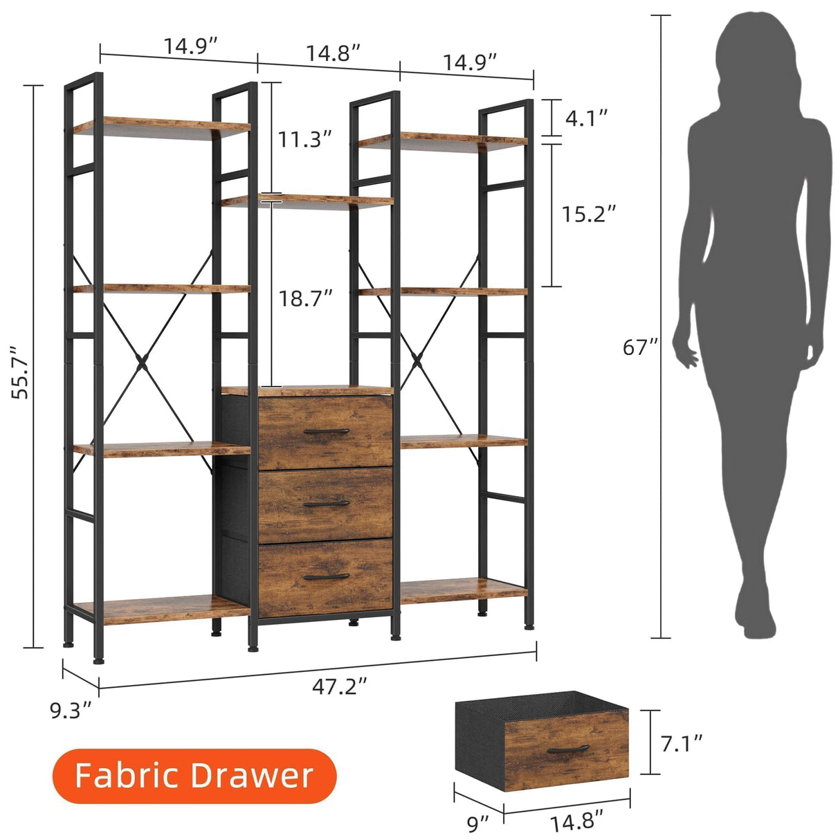 AFLUI Triple Bookshelf with 3 Fabric Drawers, 4-Tier Book Shelf and 10 Display Shelves, Industrial Large Bookcase for Home & Office, Rustic Brown, 47'' Wide AFLUI