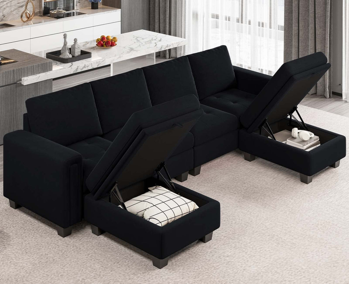 Belffin Velvet U Shaped Sectional Sofa Couch with Storage Ottoman Convertibel Sectional Sofa with Reversible Chaises Black Belffin
