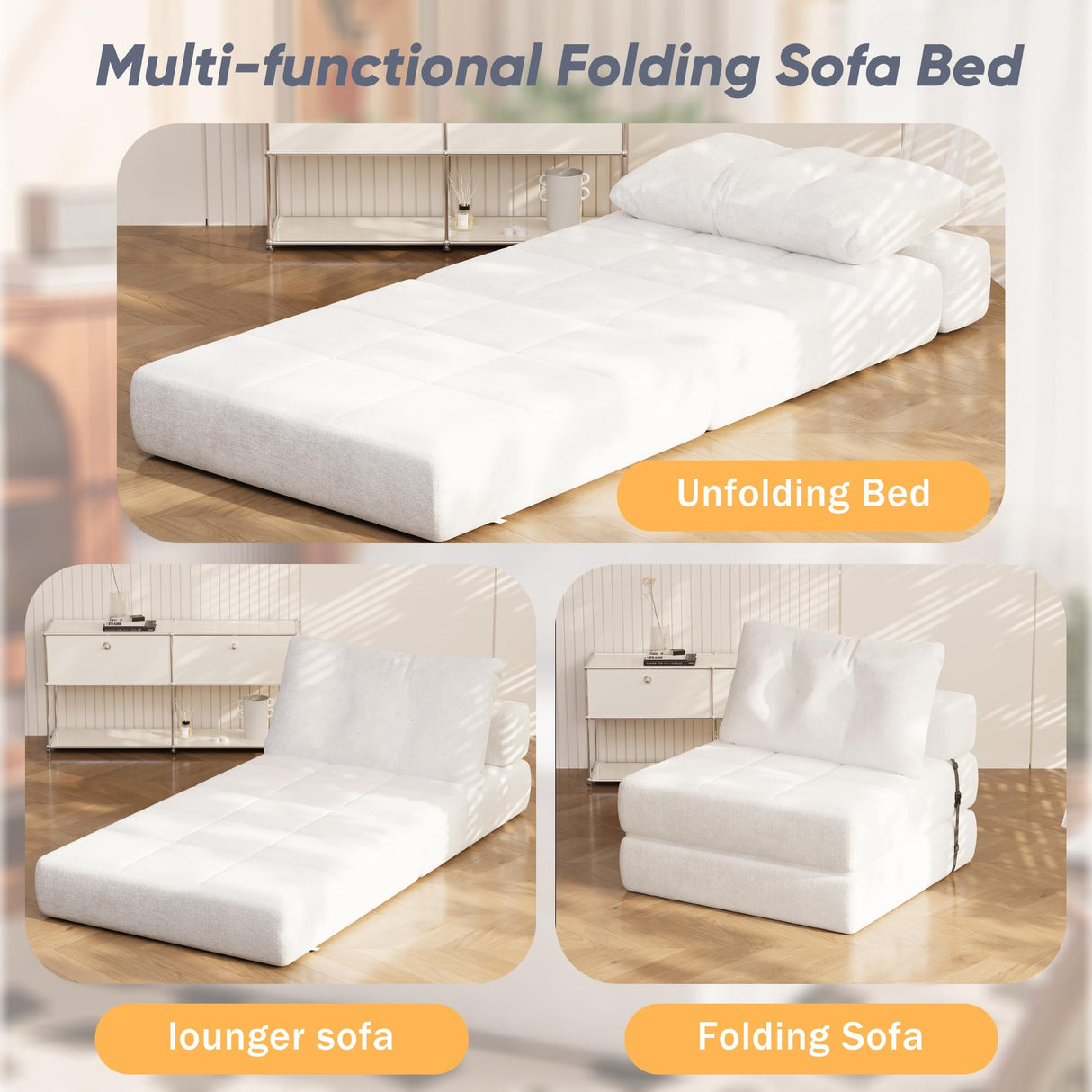 Homall Folding Sofa Bed, Convertible Sleeper Sofa Couch with Headrest & Lumbar Pillow, Chenille Fabric Chair Bed, Single Futon Mattress for Living Room, Apartment, Office (White) Homall