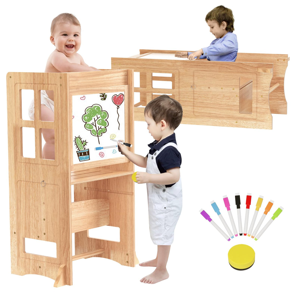 BueDeHai 4 in 1 Kitchen Toddler Step Stool, Wooden Kitchen Toddler Tower with Whiteboard and Safety Rail, Adjustable-Height Kids Learning Standing Tower for Kitchen Counter Bathroom Sink BueDeHai