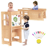 BueDeHai 4 in 1 Kitchen Toddler Step Stool, Wooden Kitchen Toddler Tower with Whiteboard and Safety Rail, Adjustable-Height Kids Learning Standing Tower for Kitchen Counter Bathroom Sink BueDeHai