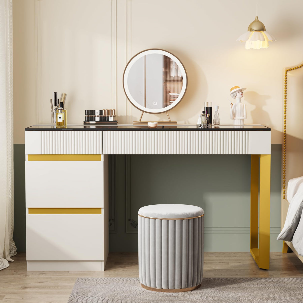 Tribesigns Vanity Desk with Glass Top, 4 Drawers Makeup Vanity Table, Modern Makeup Dresser Desk, White Gold Vanities with Visual Drawer for Bedroom Tribesigns