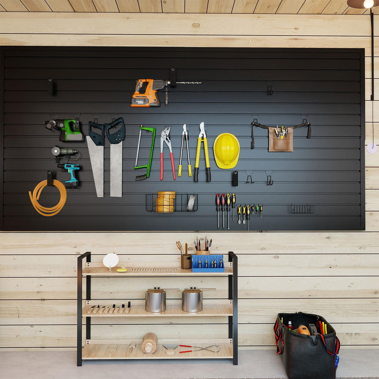 4'x8' PVC Slat Wall Paneling, High Load Capacity Slatwall Panel, Cuttable & Moisture-Proof & Flame Retardant, Heavy Duty Black Garage Slatwall Panes Storage Systems for Garage Workshop Storage Fivaz