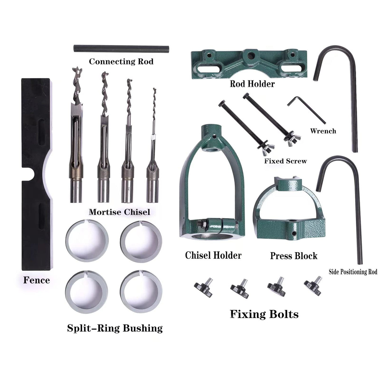 LNROE-K Mortising Attachment for Drill Press, 4 Model Drills Square Hole Chisel Set, Mortise and Tenon Tools, Drill Press Mortising Attachment Kit, Woodworking Mortise Bench Drill Locator Set LNROE-K
