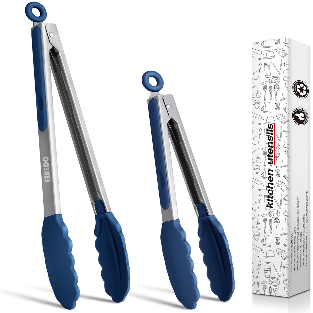 EEKEDO Kitchen Tongs, Stainless Steel Silicone Tongs for Cooking 600ºF High Heat-Resistant BBQ Grilling Locking Tongs, Set of 2-9" and 12" Classic Blue EEKEDO