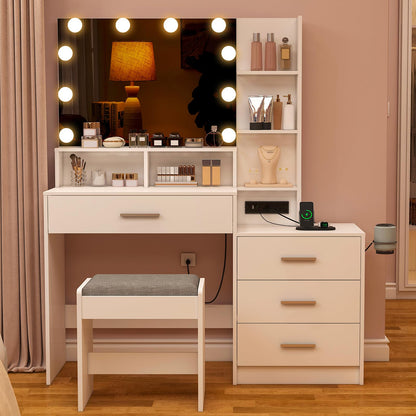 usikey Large Vanity Table Set with Lighted Mirror & Charging Station, Makeup Vanity Dressing Table with 4 Storage Shelves and 4 Drawers, Vanity Desk with 3-Drawer Chest and Cushioned Stool, White