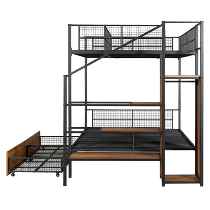 Twin Over Full Metal Bunk Bed with Stairs, Wardrobe and Storage Drawers and Shelves, Modern Style Heavy-Duty Steel Frame Bunk Bed with Safety Rail, for Bedroom, Dorm, Black