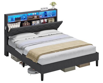 ADORNEVE Queen Bed Frame with LED Lights Headboard, Platform Bed Frame Queen Size with Storage Shelves and Charging Station, Easy Assembly, Dark Grey - WoodArtSupply