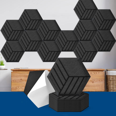 Art3dwallpanels Self Adhesive 14" X 12" X 0.4" Acoustic Panels, 12 Pack Soundproof Wall Panels, High Density Sound Absorbing Panels Hexagon Beveled Edge Sound Dampening Panels, Studio Treatment Tiles Art3dwallpanels