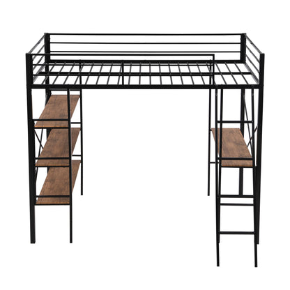 Metal Loft Bed Twin Size, Twin Loft Bed with Desk and Storage Shelves, Twin Size Loft Bed with Guardrail and Ladder, Heavy Duty Loft Bed for Kids, Teens (Twin Black)