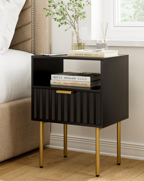 Aienvey Nightstand,Modern Bedside Table with Gold Frame,Black Night Stand,Bedside Furniture, Modern Side Table with Drawer and Shelf for Bedroom,Living Room (Black) Aienvey