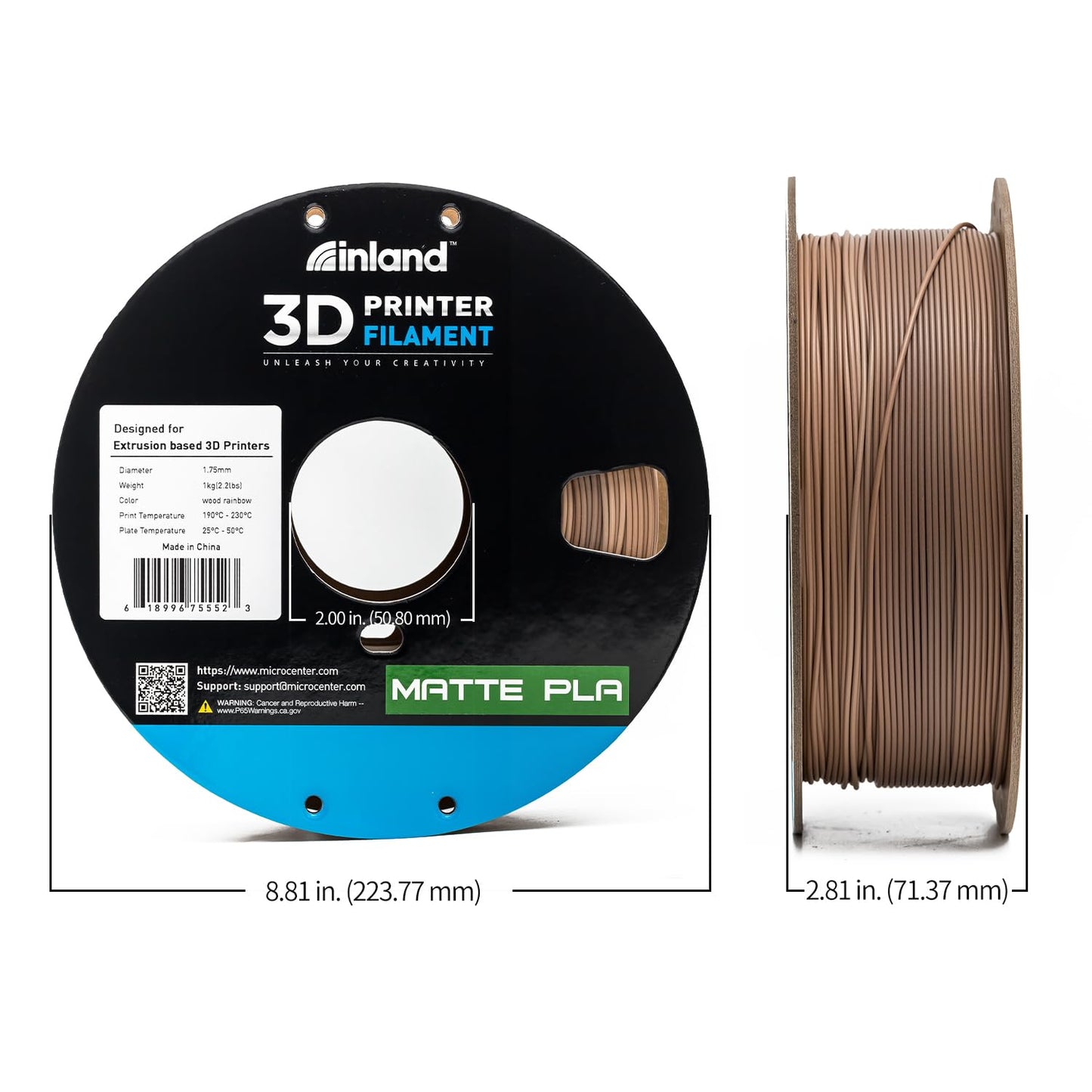 Micro Center Inland Matte PLA 3D Printer Filament, Matte Wood Rainbow 3D Printing Filament 1.75mm, 1kg Cardboard Spool (2.2 lbs), Dimensional Accuracy +/- 0.03mm, FDM/FFF 3D Printers - WoodArtSupply