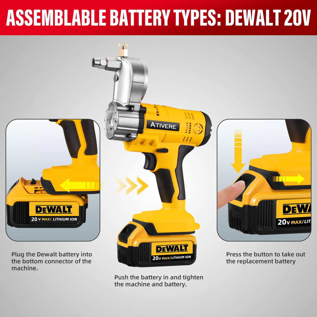 ATIVERE Lithium Battery Grease Gun Cordless for DeWalt 20V Max Battery (NO Battery) Yellow with 12” Spring Flex Hose, 10000 PSI High Pressure Quick Release Grease ATIVERE