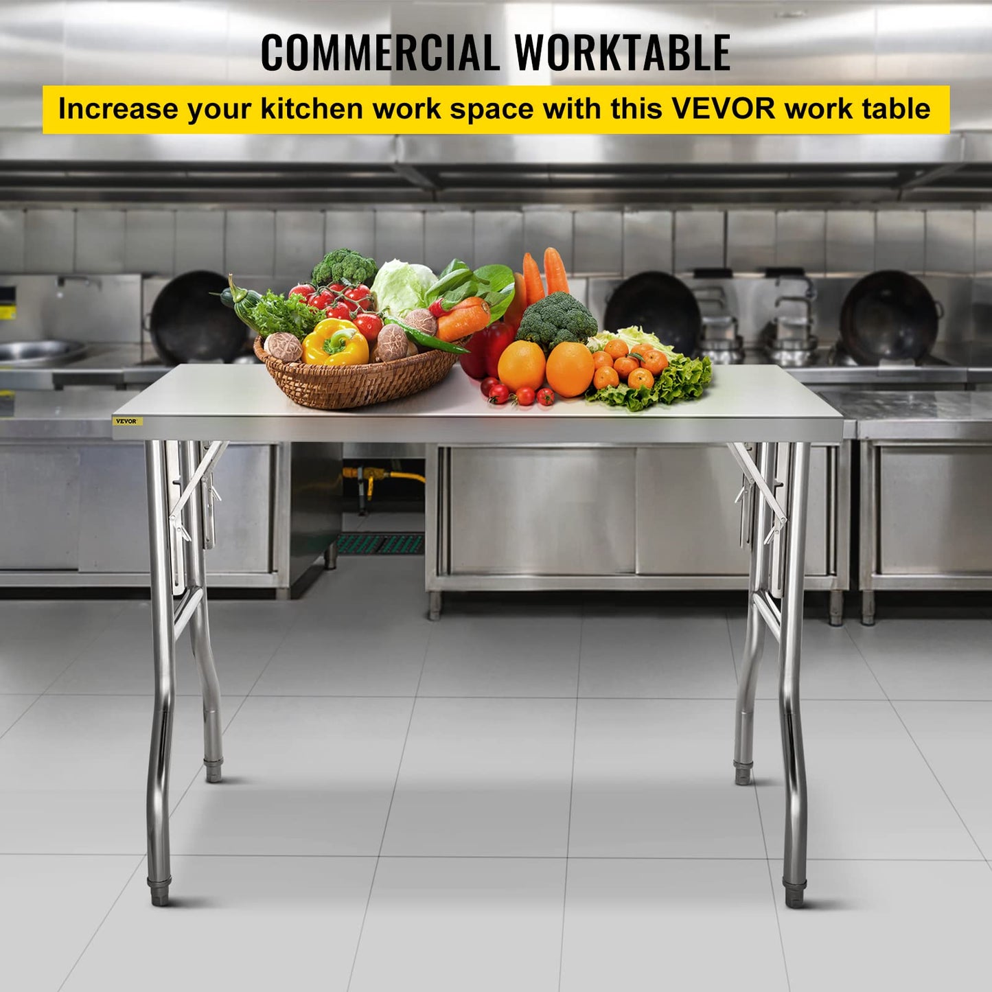 VEVOR Commercial Worktable Workstation 48 x 24 Inch Folding Commercial Prep Table, Heavy-duty Stainless Steel Folding Table with 661 lbs Load, Kitchen Work Table, Silver Stainless Steel Kitch - WoodArtSupply