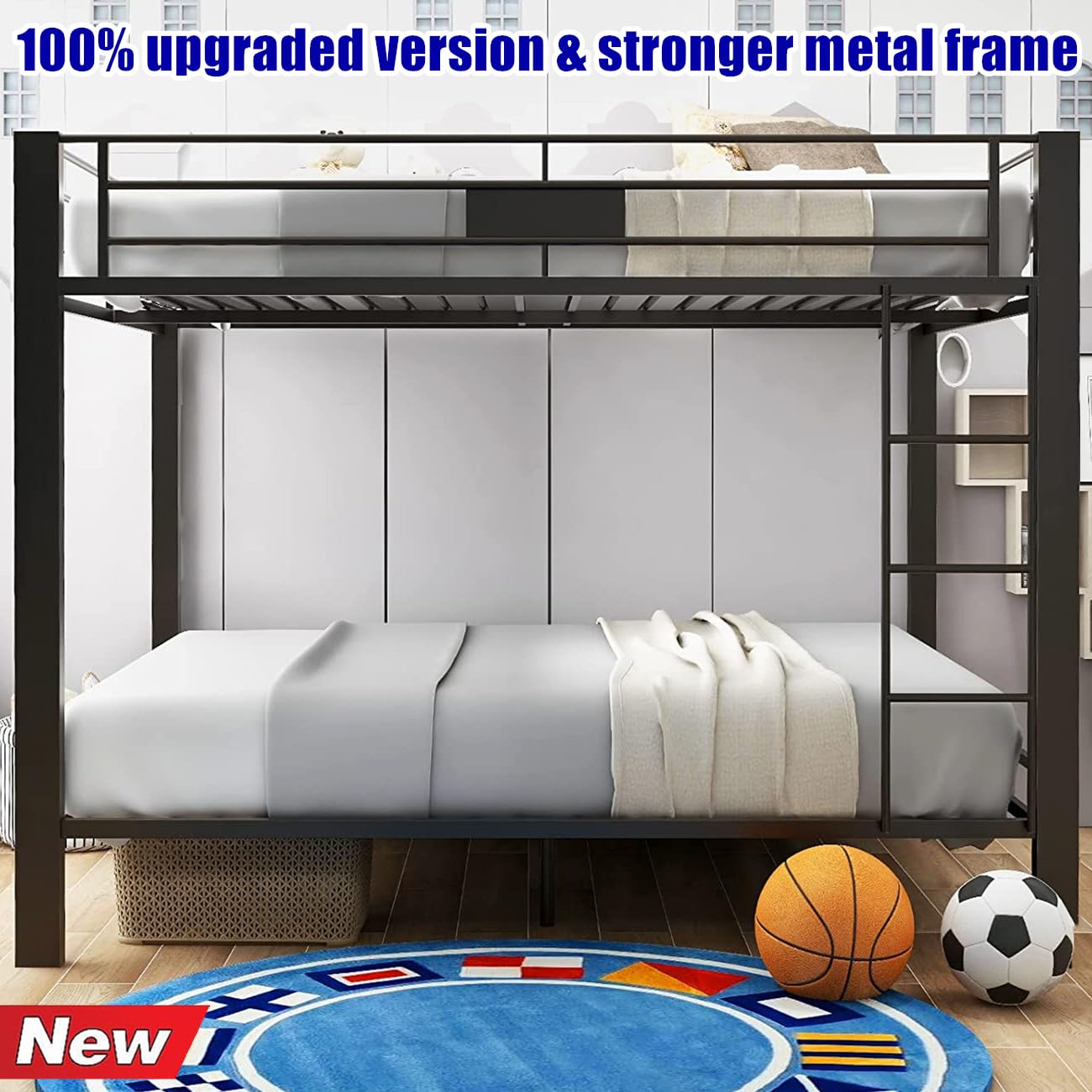 ULUCAN Reinforced Version and Stronger Metal Bunk Bed Queen Over Queen Size, More Stable Heavy Duty More Rust-Proof Steel Bunk Queen Bed with Thickened Legs (Faster Assembly) (Queen Over Queen)