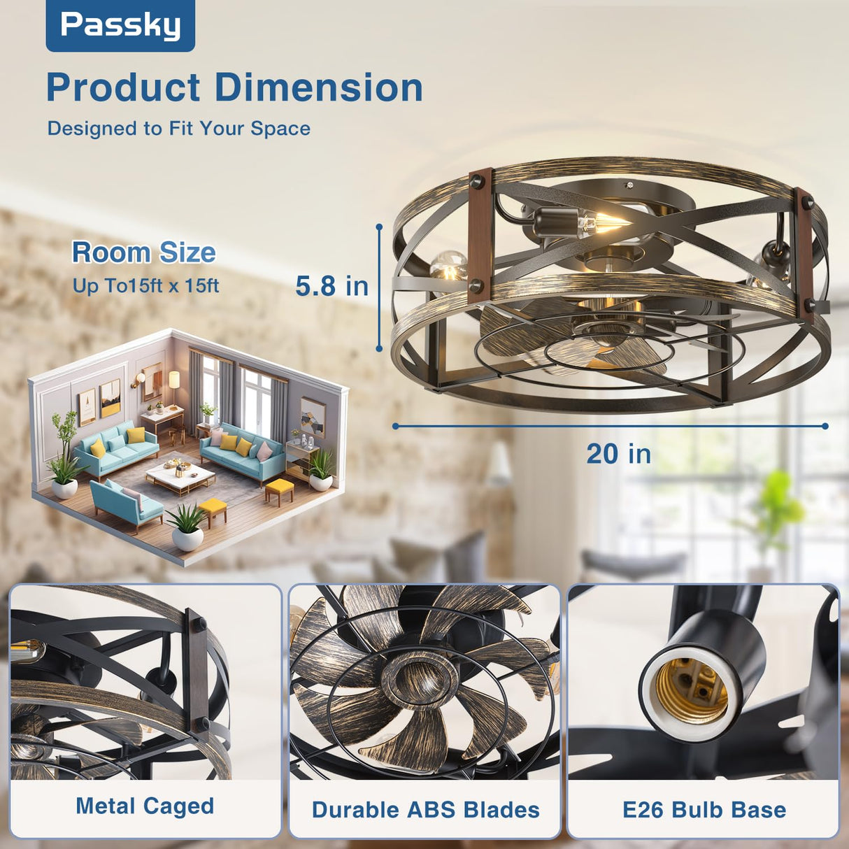 Passky 20" Farmhouse Flush Mount Ceiling Fans with Lights and Remote, Industrial Black Caged Low Profile Fandelier, 6 Speeds Bladeless Ceiling Fan for Bedroom, Kitchen, Living Room Passky