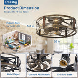 Passky 20" Farmhouse Flush Mount Ceiling Fans with Lights and Remote, Industrial Black Caged Low Profile Fandelier, 6 Speeds Bladeless Ceiling Fan for Bedroom, Kitchen, Living Room Passky