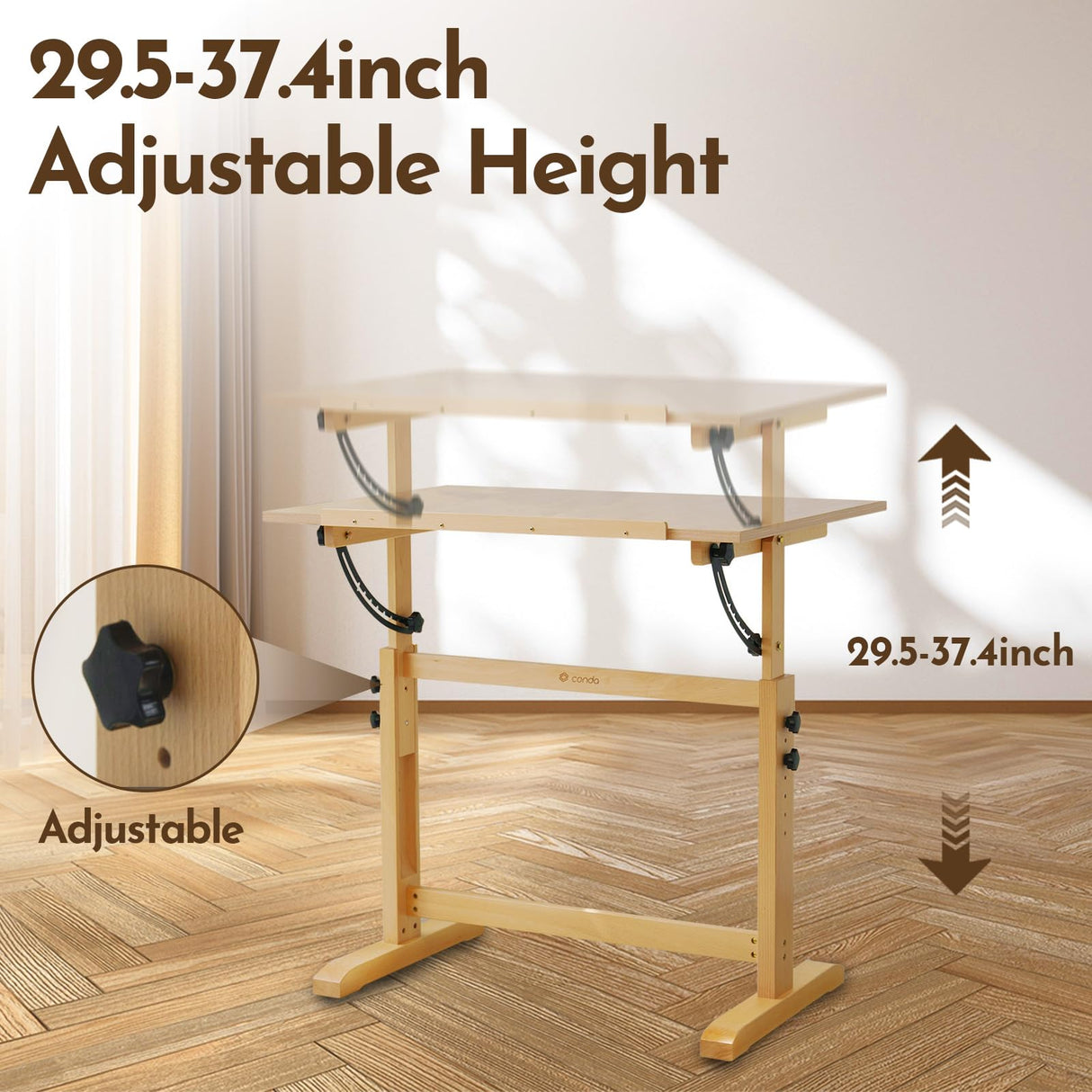 conda Wood Adjustable Drafting Table 35.5" x 23.5" - Beech Wood Art Desk with Adjustable Height & Tilting, Pencil Ledge, and Ruler for Writing, Reading, Design, and Crafting conda