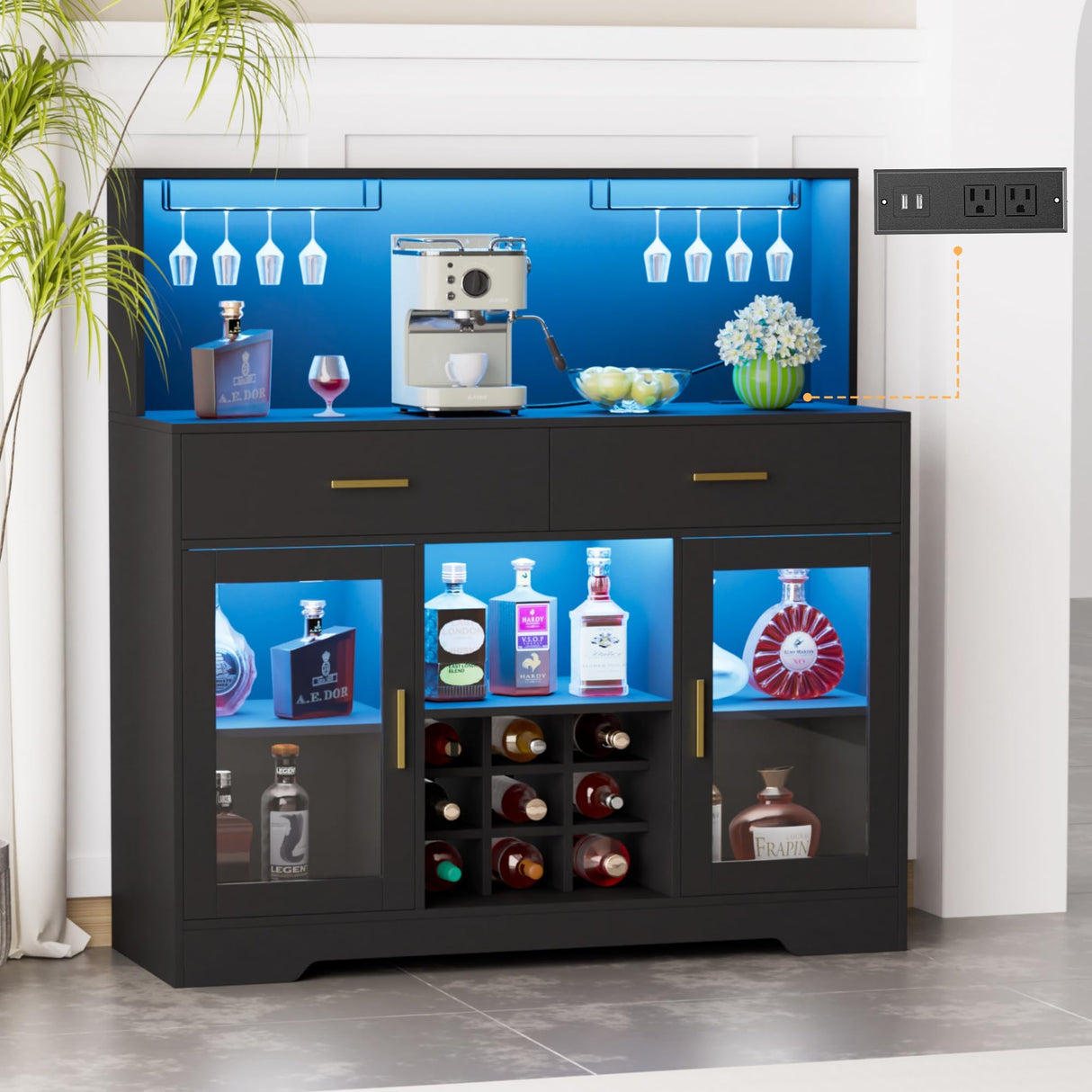 Wine Bar Cabinet with LED Light, Kitchen Coffee Bar Cabinet with Power Outlet, Home Liquor Cabinets with Glass Holder and Wine Racks, Modern Buffet Sideboard with Storage for Living Room, Kitchen SAHISTCT