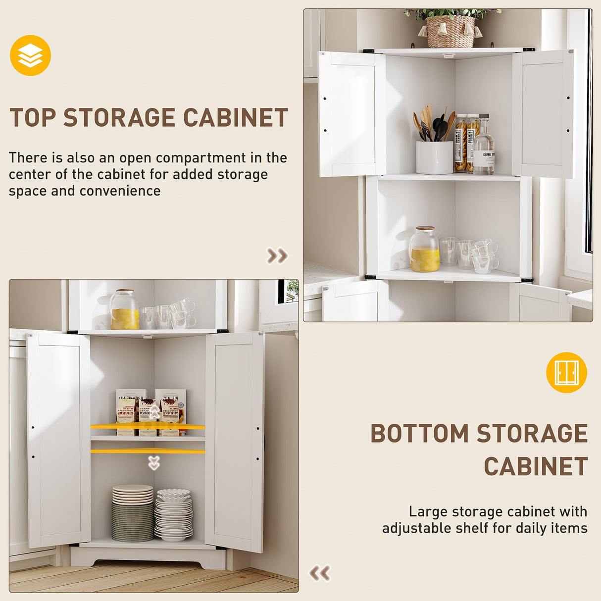 Maupvit 68" Tall Corner Cabinet with 4 Barn Doors & Adjustable Shelves, Farmhouse Bathroom Cabinet with Storage, Home Space Saver Corner Display Shelves for Living Room, Kitchen, Bathroom, White Maupvit