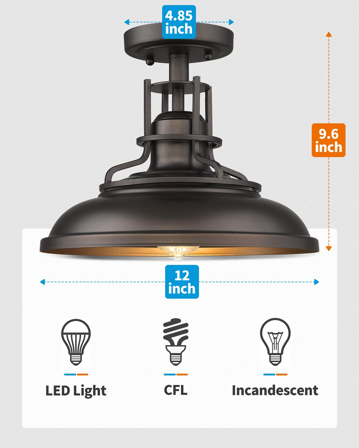 FEMILA 1-Light Semi Flush Mount Light Fixture, 12 inch Farmhouse Ceiling Light Fixture for Hallway, Porch, Laundry, Foyer, Oil Rubbed Bronze Finish, 4FY15-F ORB FEMILA