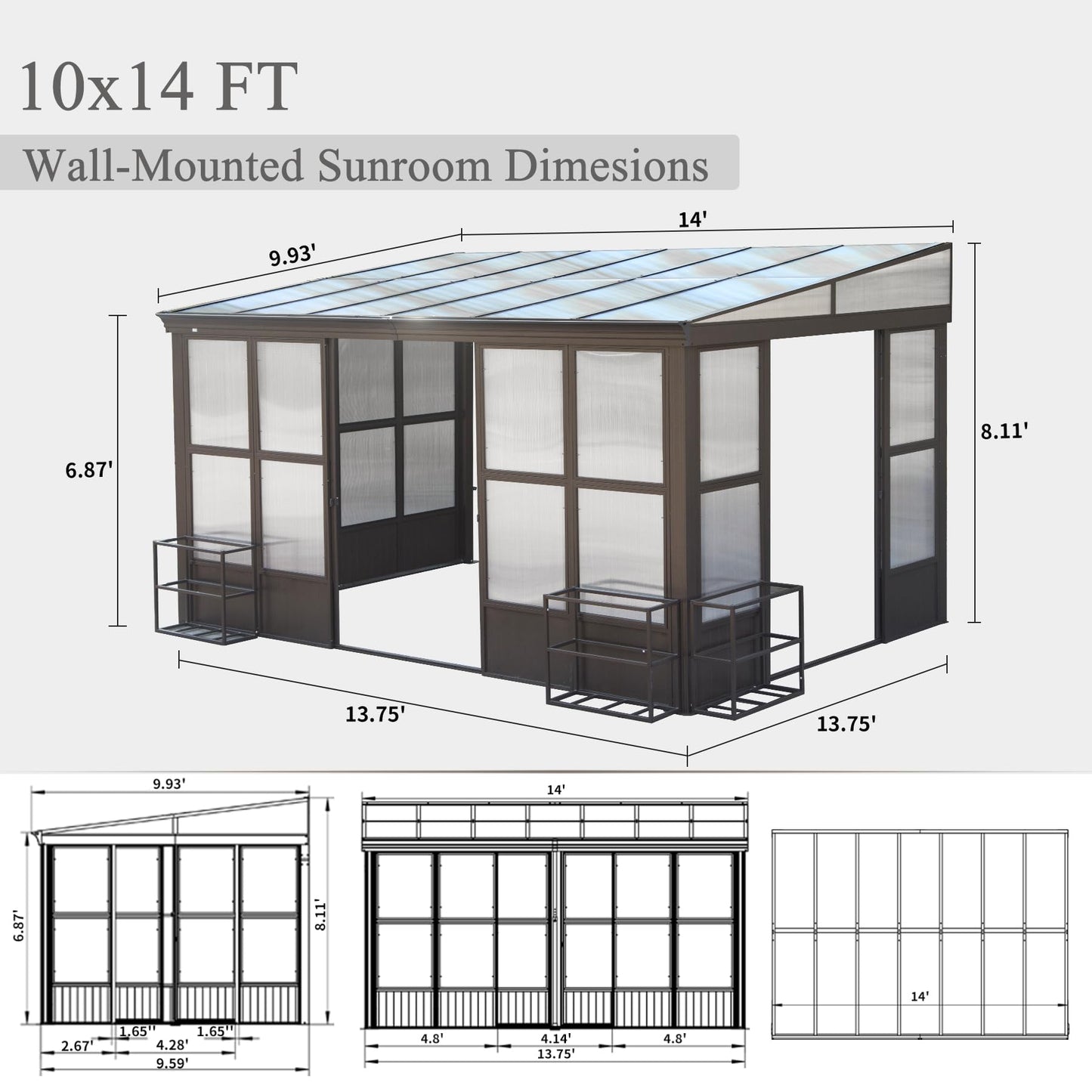 Domi 10x14FT Wall Mounted Sunroom Gazebo, Aluminum Enclosed Gazebo with 2 Lockable Sliding Doors,Sloping Polycarbonate Roof&Moveable PVC Screen, Outdoor Sun Room Lean to Gazebo for Deck Patio