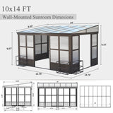 Domi 10x14FT Wall Mounted Sunroom Gazebo, Aluminum Enclosed Gazebo with 2 Lockable Sliding Doors,Sloping Polycarbonate Roof&Moveable PVC Screen, Outdoor Sun Room Lean to Gazebo for Deck Patio domi outdoor living