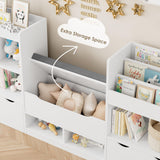 FOTOSOK 72” Kids Bookshelf with Reading Nook, Large Toy Storage Organizer with Seat Cushion and 3 Movable Drawers, Kids Reading Nook Toy Organizers and Storage with Bench for Living Room, White FOTOSOK