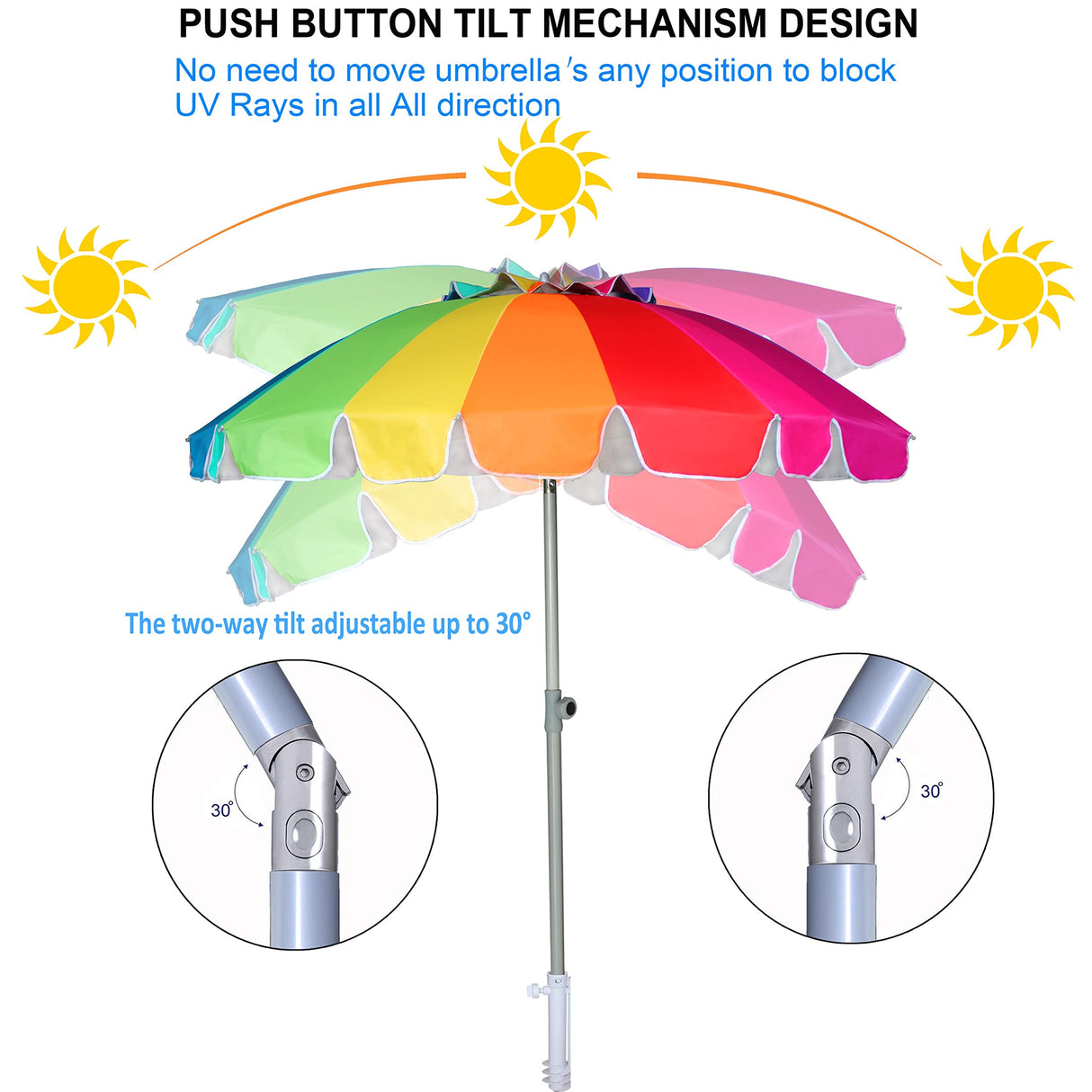 AMMSUN 7.5ft Heavy Duty HIGH Wind Beach Umbrella with sand anchor & Tilt Sun Shelter, UPF 50+ Protection Outdoor Umbrellas Sunshade with Carry Bag for Patio Garden Pool Backyard Rainbow AMMSUN