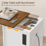 RALGEND Farmhouse Nightstand with Gun Drawer, Bedside Table with Charging Station and LED Light, Night Stand with 3 Drawers, End Table for Bedroom, Living Room, White and Walnut RALGEND