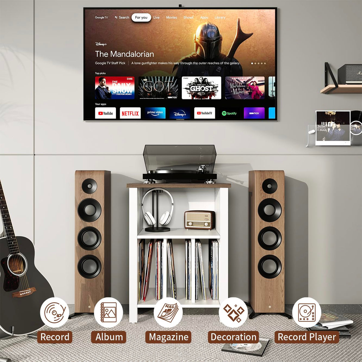 Record Player Stand, Vinyl Record Storage Table End Table with Display Shelf Holds up to 130 Albums, Large Nightstand Wood Turntable Stand Cabinet Side Table for Living Room, Bedroom, White LIDYUK