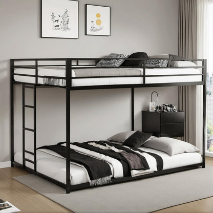 UOCFYK Full Over Full Bunk Bed, Metal, Black, Low Profile, Space Saving, No Box Spring Needed, Comfortable Ladder, Full-Length Guardrail