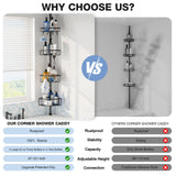 Corner Shower Caddy Tension Pole: Stainless Steel Rustproof 4-Tier Shower Organizer - 47-121 inch Adjustable Bathroom Shelves for Bathtub Shampoo Storage - Tension Rod Floor Standing Bath Rack - Black ESSEME