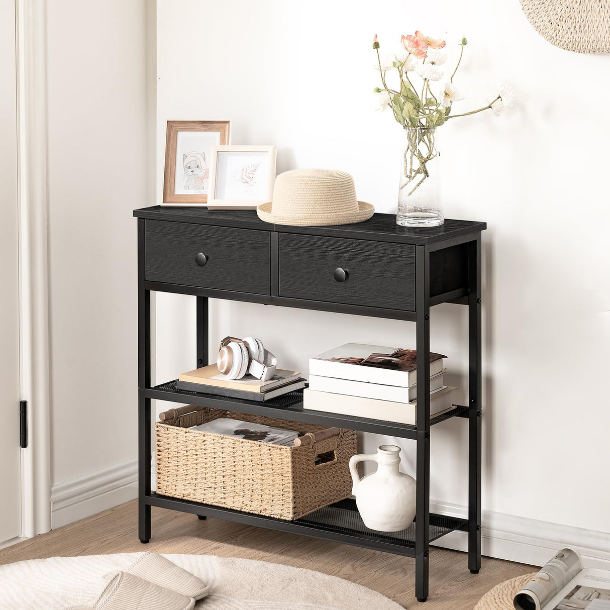 HOOBRO 29.5" Narrow Console Table with 2 Fabric Drawers, Small Entryway Table with 3-Tier Storage Shelves, Thin Sofa Table, Side Table, for Living Room, Hallway, Black BB72XG01 HOOBRO