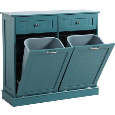 LOUVIXA Tilt Out Trash Can Cabinet with Double Hidden Trash Can Holder, Kitchen Free Standing Recycling Cabinet,Dog Proof Trash Can,Wood, Teal