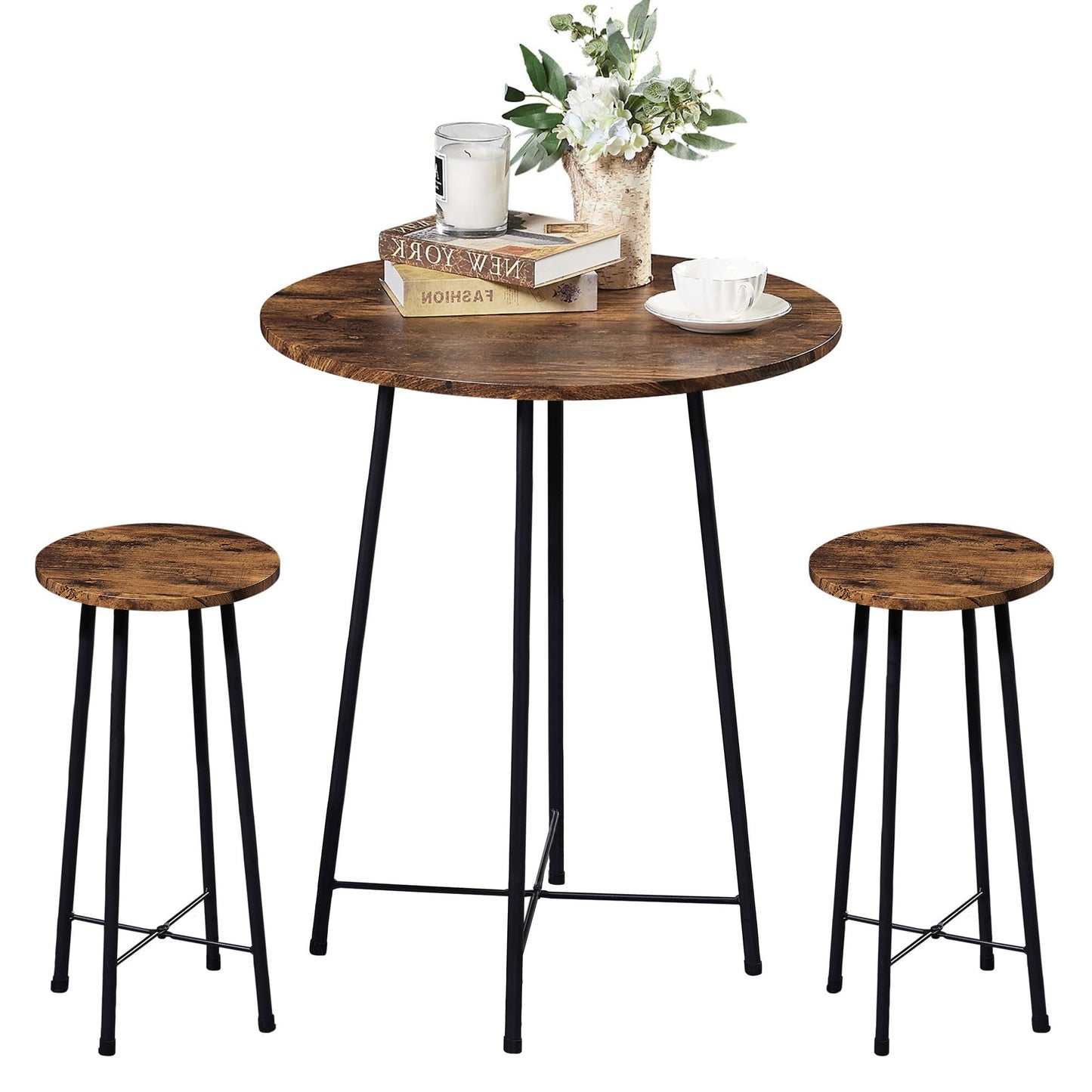 VECELO 3-Piece Brown Round Bistro Set with Bar Table and 2 Stools