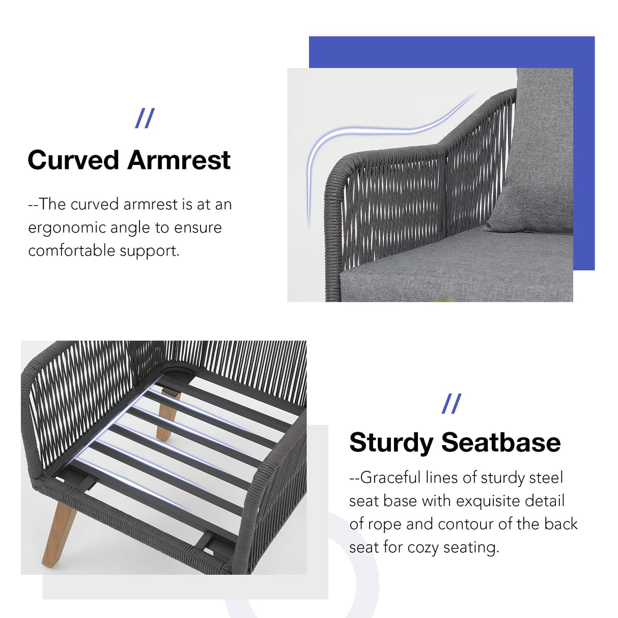 Patiorama 4 Piece Patio Furniture Set, Outdoor FSC Certified Acacia Wood Conversation Set, All-Weather Rope Sofa Set w/Coffee Table, Loveseat, Modern Deep Seating Set for Lawn Balcony Poolside, Grey Patiorama