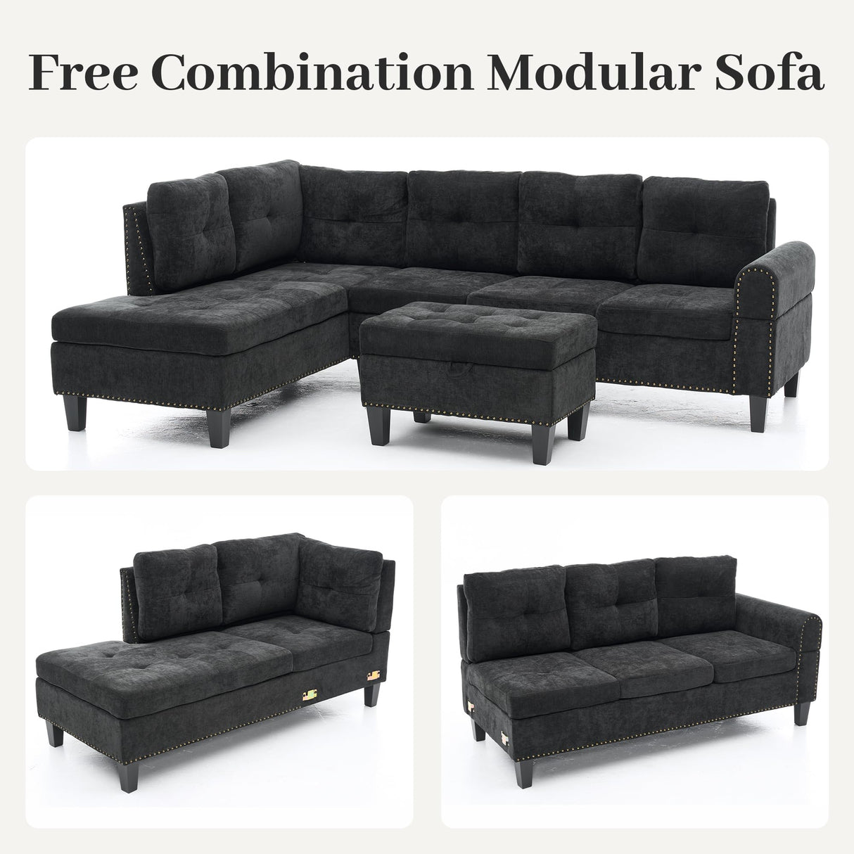 Trygoal L Shaped Couches for Living Room, Sectional Couch Living Room Furniture with Storage Ottoman, Modular Sectional Sofa with Movable Chaise for Apartment Office, Black Grey Trygoal