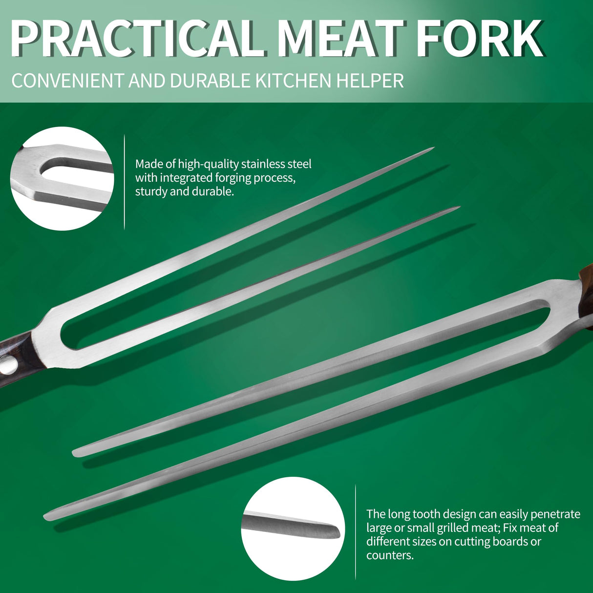 FULLHI butcher's fork with wood Handle Stainless Steel Meat Fork/Kitchen Tool, 12.4 Inch, Carving Fork FULLHI