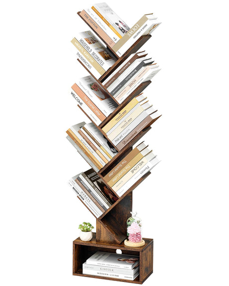 Hoctieon 9 Tier Tree Bookshelf, Tall Bookcase with Drawer, Wood Book Shelf, Modern Floor Standing Bookshelves, Book Organizer Shelves for Bedroom, Living Room, Home Office, Rustic Brown Hoctieon