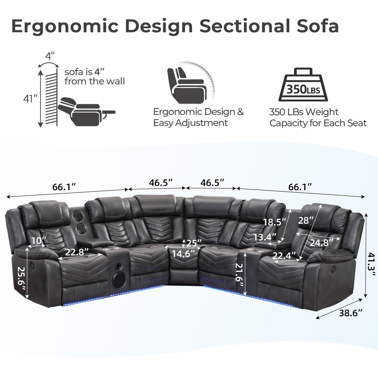 Comfort Stretch Power Recliner Sectional Sofa Couches with Bass Speakers for Living Room, Faux Leather Reclining Corner Sectionals Sofa Couch Sets with LED Light, Electric Theater Recliners Home,Grey Comfort Stretch