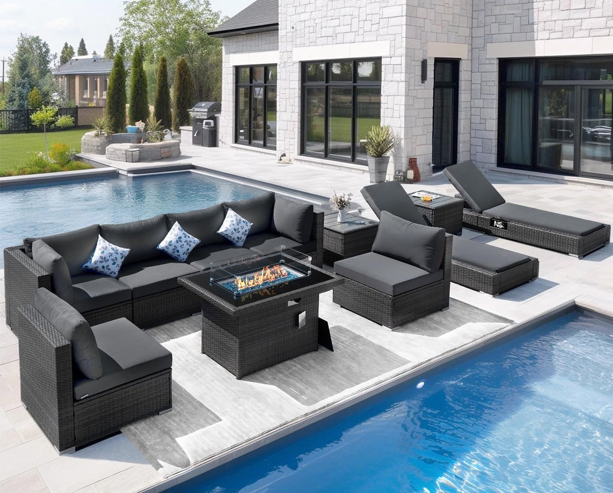 NICESOUL 11 Piece Outdoor Furniture Set with Fire Pit Table Natural Gas/Propane, 29.3'' High Back Comfy Patio Sectionals w/Chaise Lounger, Modern Large Deep Rattan Sofa Set for Garden Backyard, Gray NICESOUL