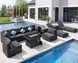 NICESOUL 11 Piece Outdoor Furniture Set with Fire Pit Table Natural Gas/Propane, 29.3'' High Back Comfy Patio Sectionals w/Chaise Lounger, Modern Large Deep Rattan Sofa Set for Garden Backyard, Gray NICESOUL