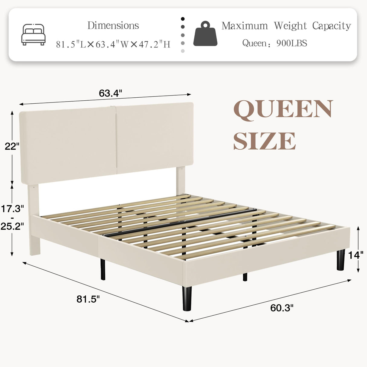 VECELO Queen Bed Frame with Type-C & USB Ports, Upholstered Platform Height-Adjustable Cotton and Linen Headboard, No Box Spring Needed, Noise-Free, Easy Assembly, Beige VECELO