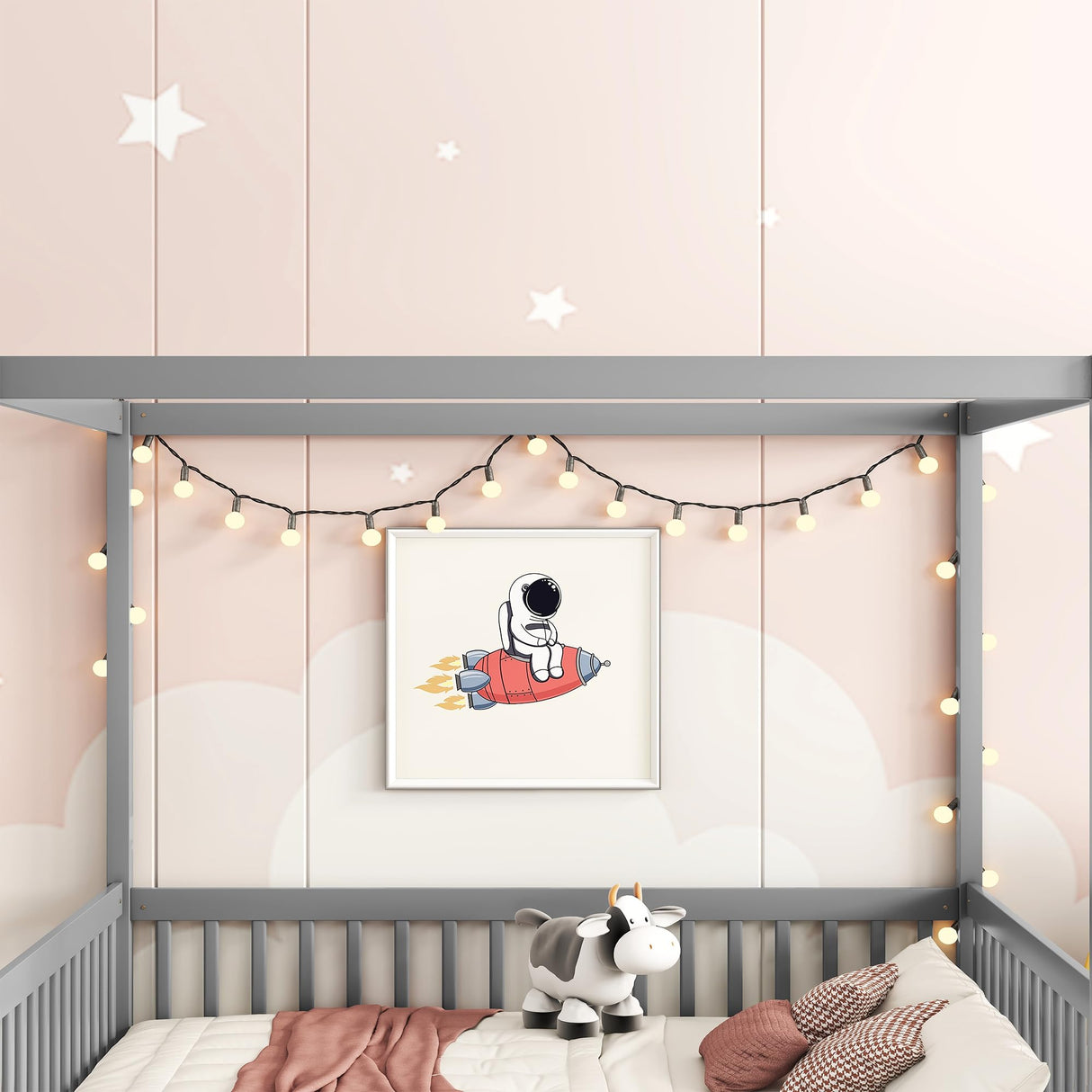 jurmiture Full Size Canopy Frame Floor Bed with Fence for Kids, Montessori Floor Bed with Guardrails, Wood Canopy Bed Frame for Girls, Boys, Grey jurmiture