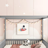 jurmiture Full Size Canopy Frame Floor Bed with Fence for Kids, Montessori Floor Bed with Guardrails, Wood Canopy Bed Frame for Girls, Boys, Grey jurmiture