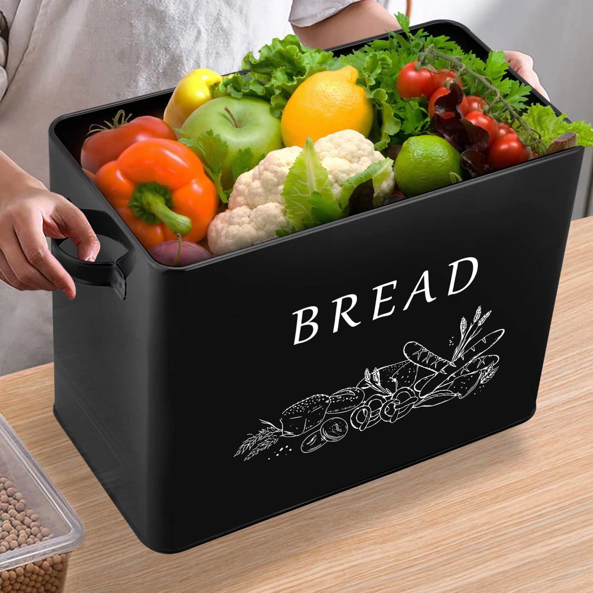 TeamFar Bread Box with Wooden Lid, 13.1” x 7.2” x 9.7” Metal Bread Container Storage Holder for Family Farmhouse Kitchen Countertop, Powder-Coated & Healthy, Large Capacity & Classic Pattern (Black) TeamFar