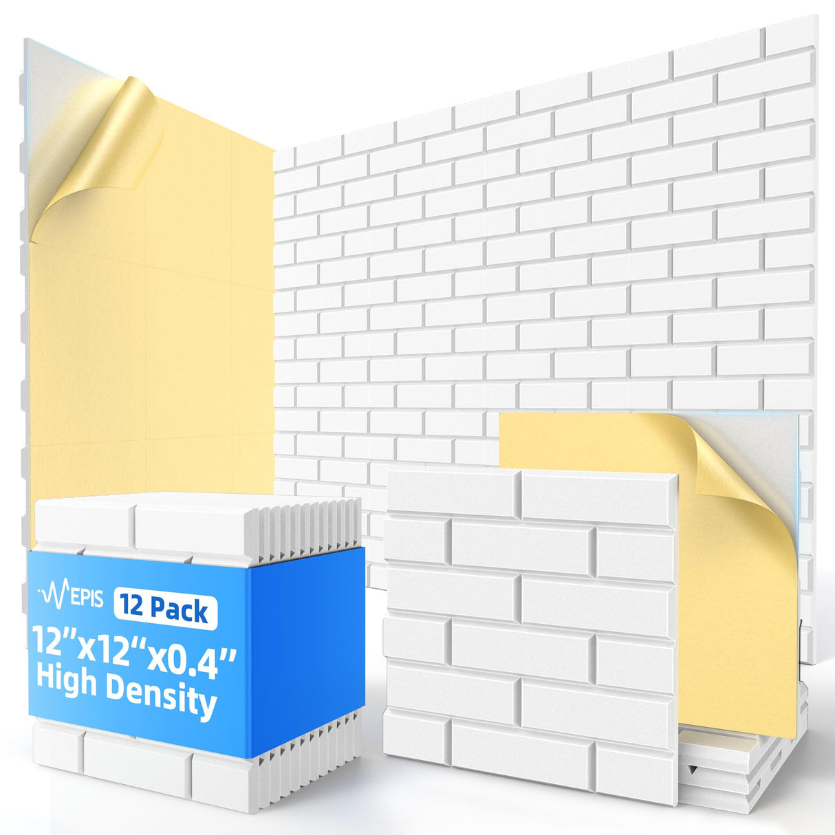 12 Pack Acoustic Panels with Self Adhesive, 12" X 12" X 0.4" High Density Sound Proof Foam Panels for Walls, Soundproof Wall Panels, Brick Sound Absorbing Panels for Home Studio Office Decor - White NEPIS